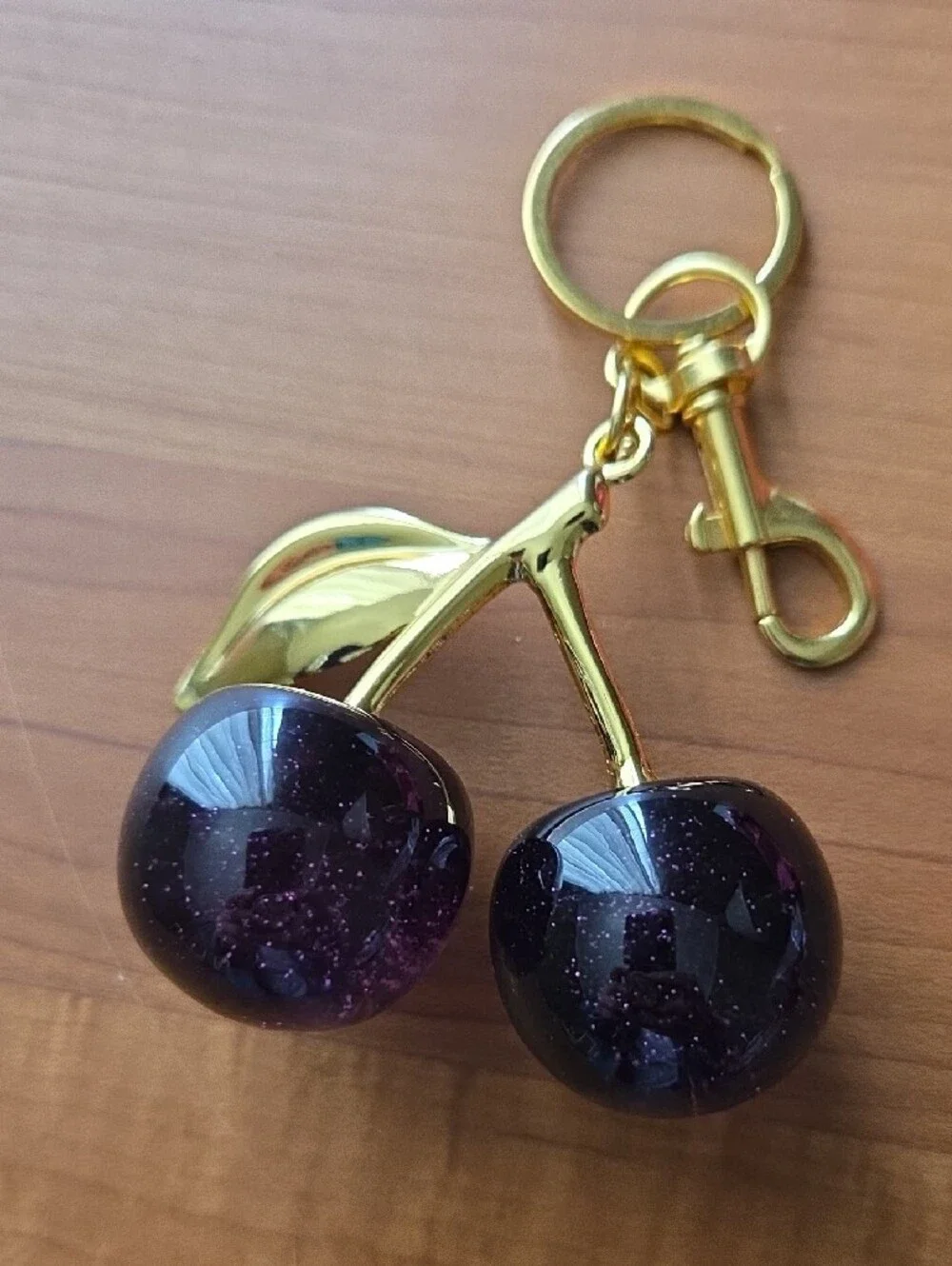 Gold Cherry Keychain with Dark Purple Glitter Cherries